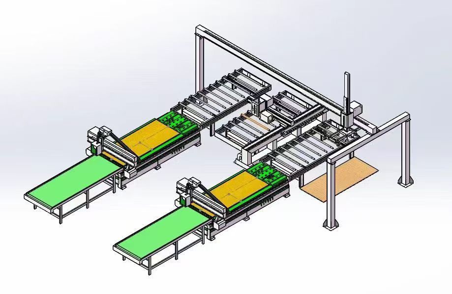 Complete automated production cell with multiple CNCs and material handling